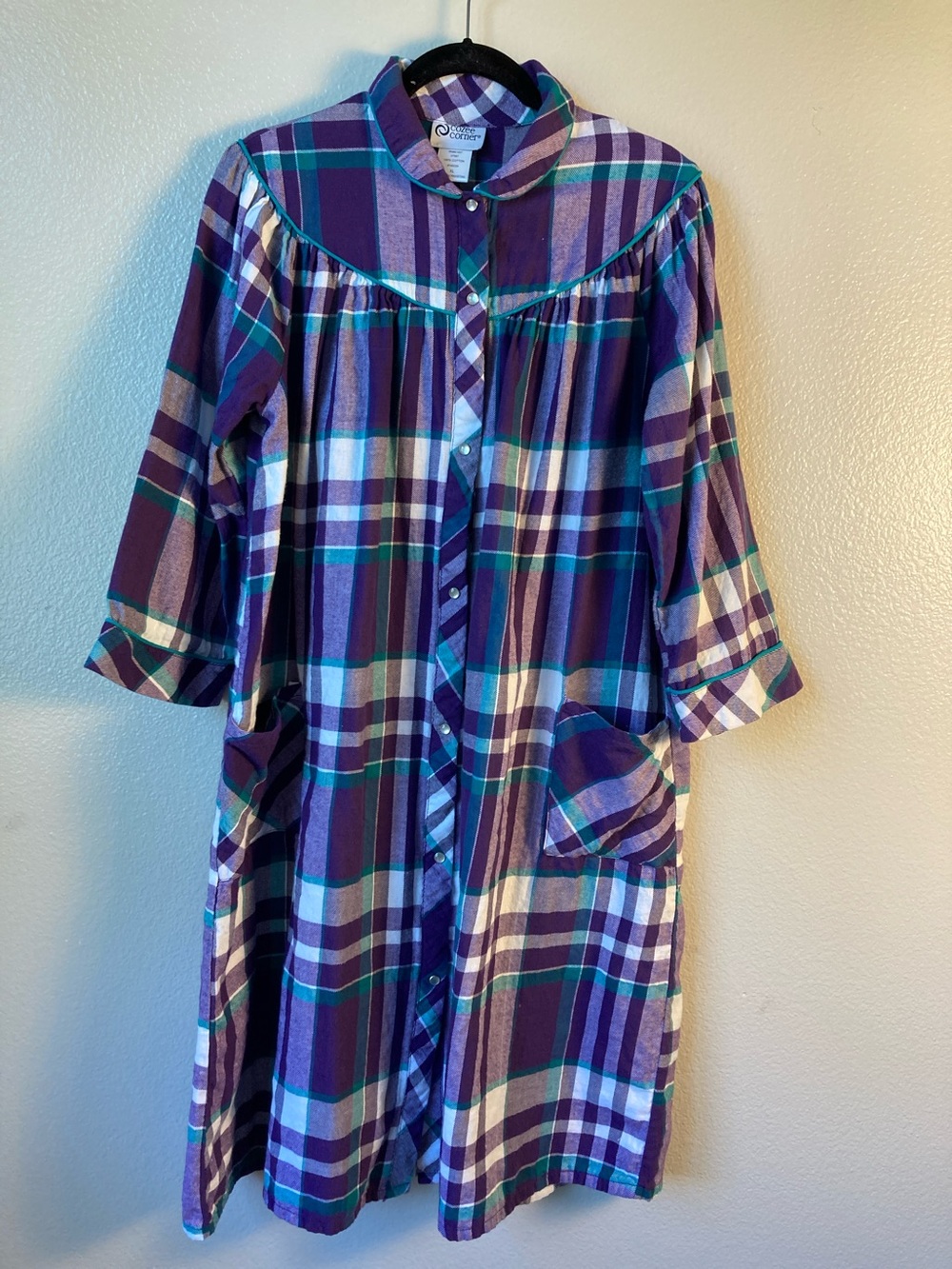 Cozee Corner plaid pearl snap house dress nightgown cotton flannel pockets sz XL